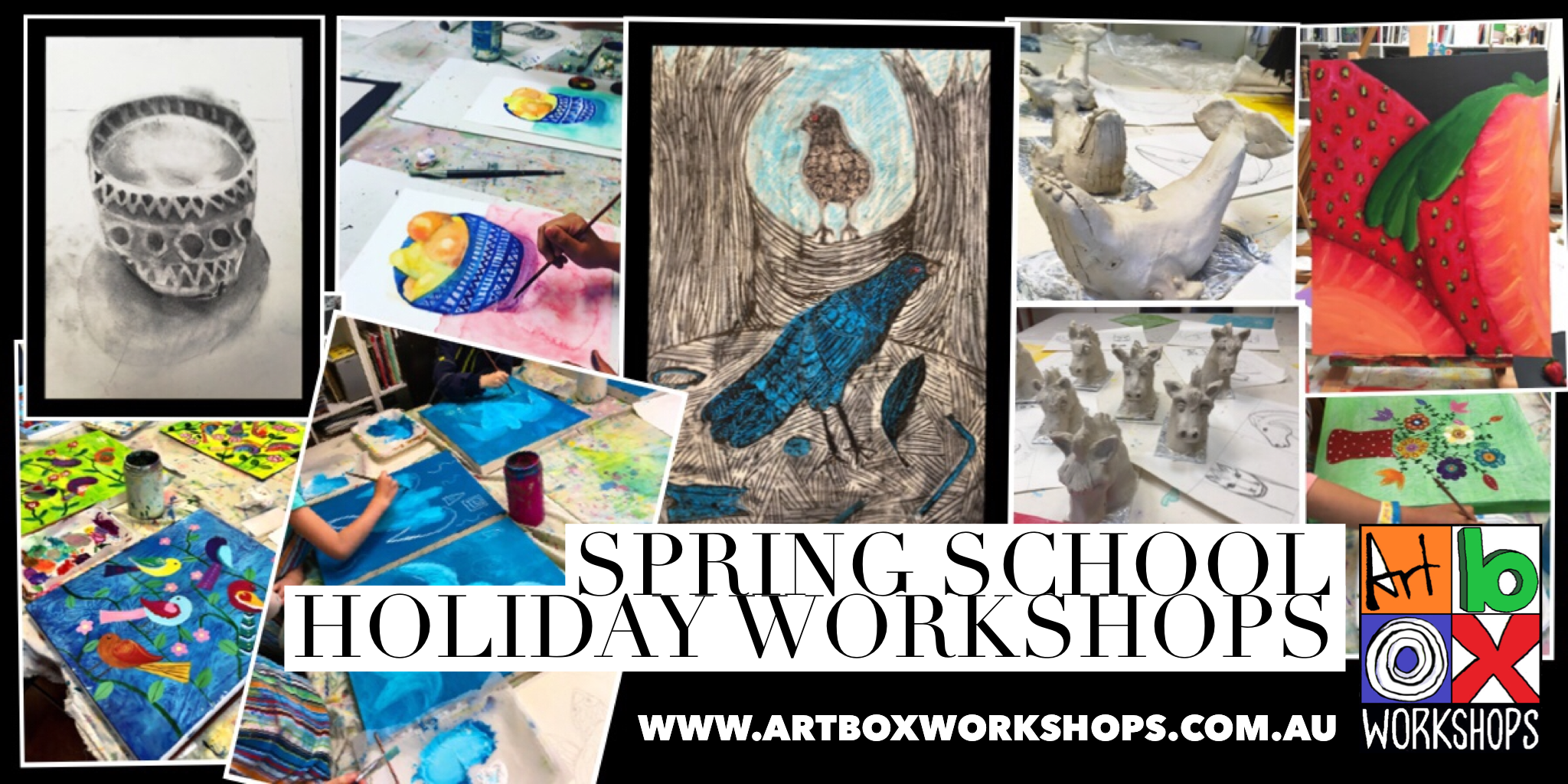 Art Box Workshops Spring school holiday program, we offer workshops in painting, drawing, printmaking and sculpture for children who love art.