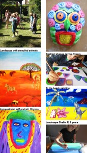 childrens paintingds of deserts , beaches , abstract and clay mask