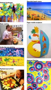 children s paintings of the beach , landscape, paper sculpture and mask making.
