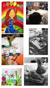 collage and sculptures of kids