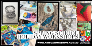 Art Box Workshops Spring school holiday program, we offer workshops in painting, drawing, printmaking and sculpture for children who love art.