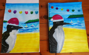 Virtual gallery beachscape with little penguin