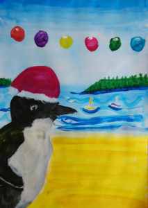Virtual Gallery of beachscape with little penguin