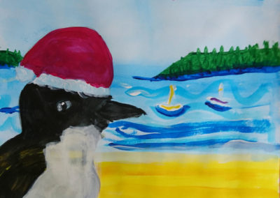Virtual Gallery of beachscape with little penguin