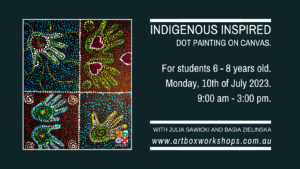 Indigenous inspired dot painting by kids at Art Box Workshops