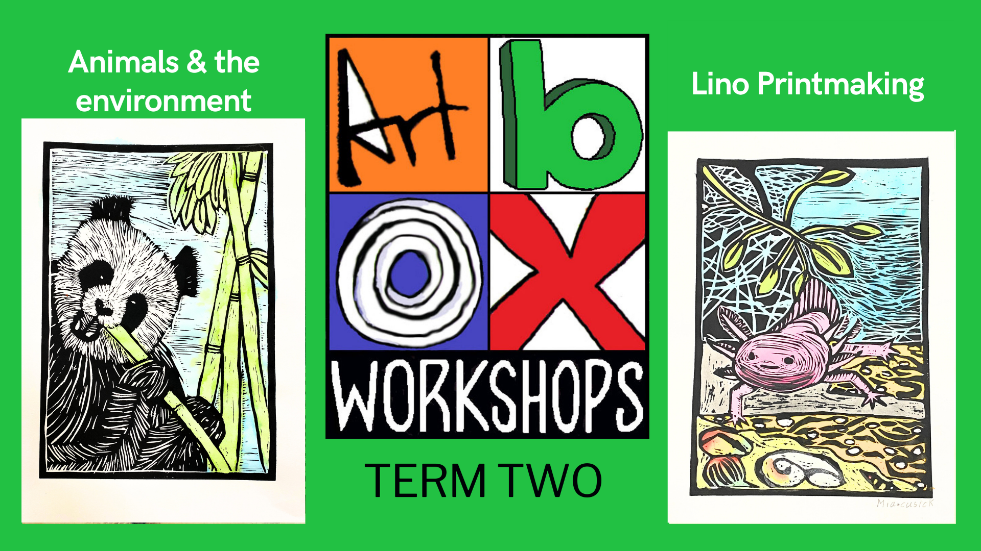 Prints created by students at Art Box Workshops term two classes.