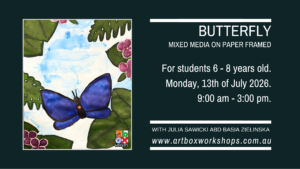 Creative butterfly painting and collage workshop for children at Art Box Workshops Sydney school holiday art classes.