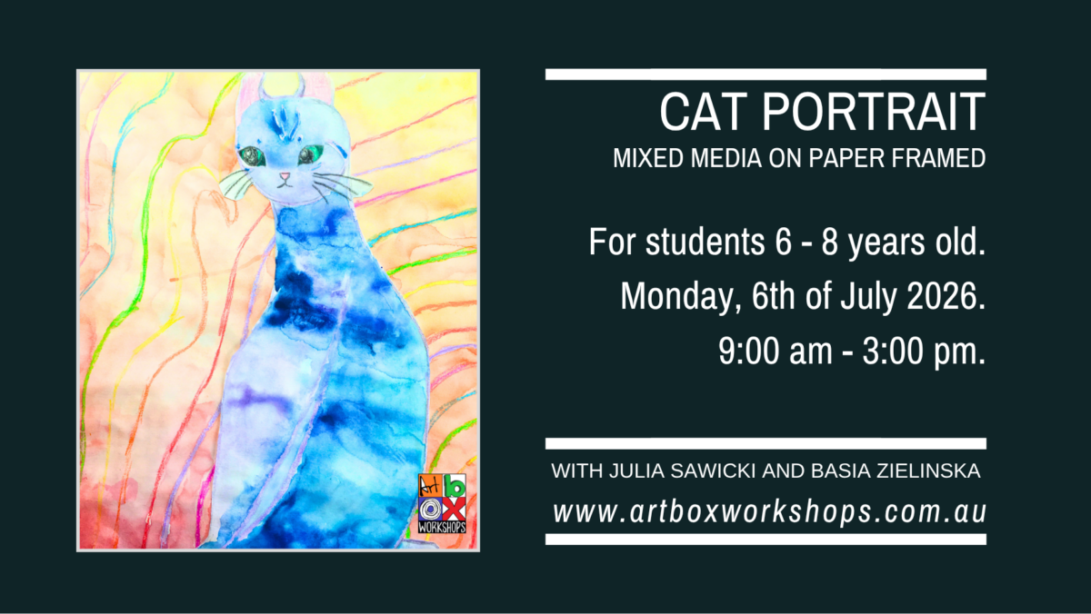 Children creating colourful cat portrait mixed media artworks during a Sydney school holiday art workshop at Art Box Workshops.