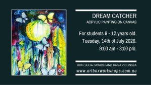 Students creating dream catcher mixed media canvas artworks with butterflies and feathers at Sydney school holiday workshops.
