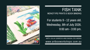 Children creating colourful fish tank monotype prints and book binding during Sydney school holiday art workshops.