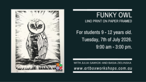 Students learning lino printmaking techniques while creating funky owl artworks at an Art Box Workshops Sydney school holiday class.