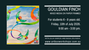 Children creating rainbow Guardian Finch mixed media bird artworks with watercolour and collage techniques in Sydney