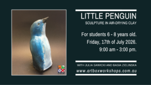 Young artists creating little penguin clay sculptures inspired by local wildlife at Sydney school holiday workshops.