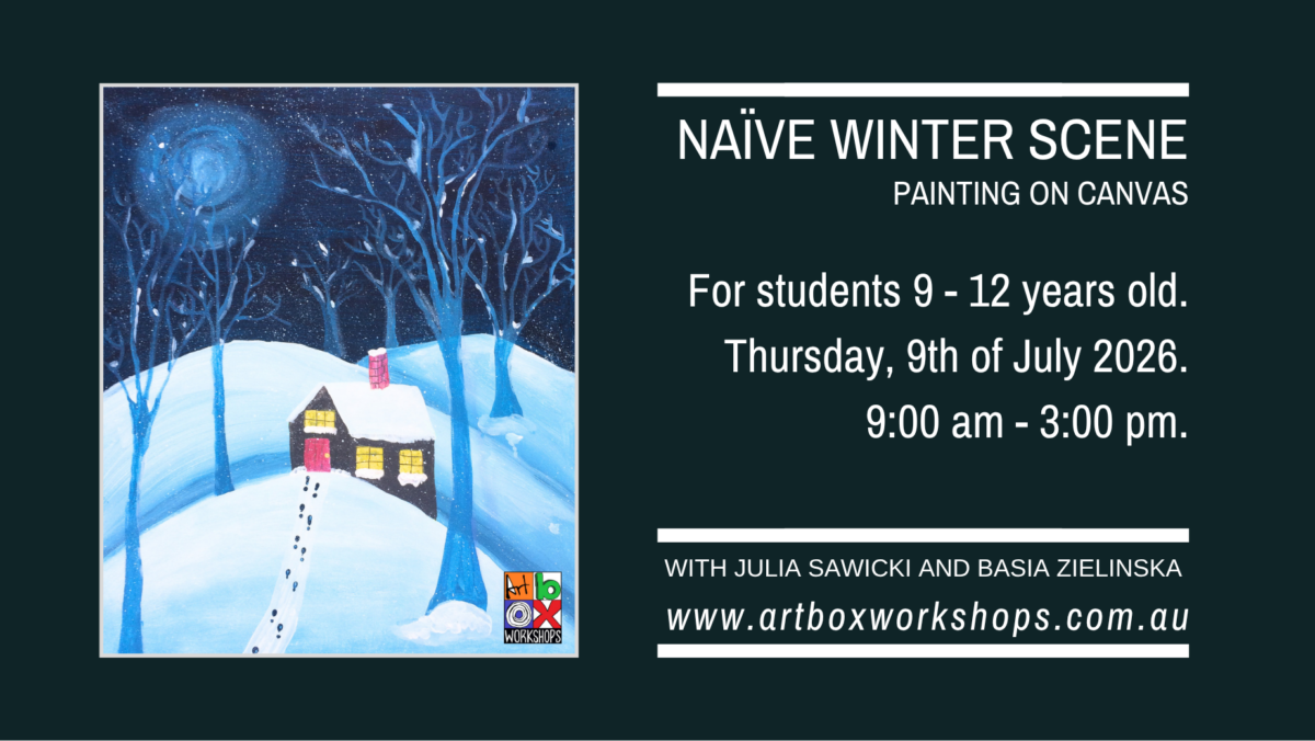 Young artists painting a winter cottage forest scene on canvas at an Art Box Workshops Sydney school holiday program.