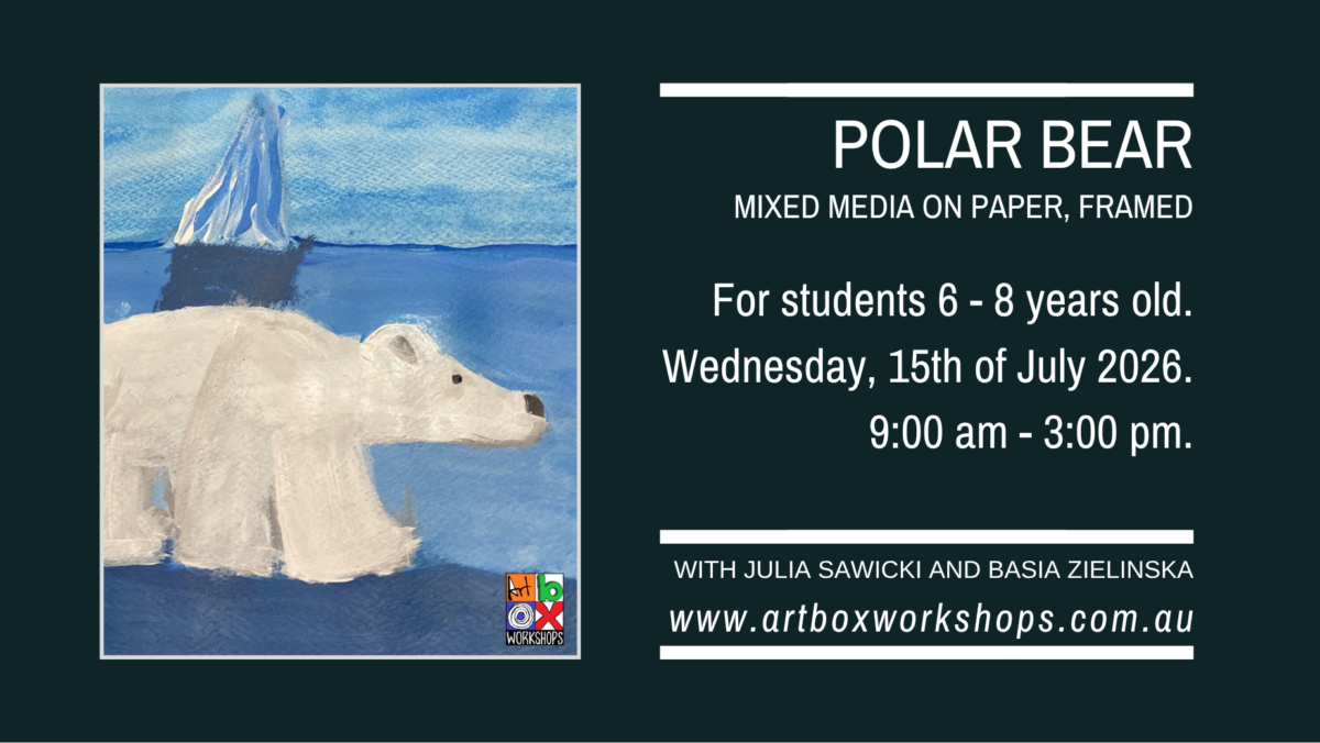 Children painting icy polar bear landscapes mixed media on paper during Art Box Workshops Sydney winter school holiday classes.