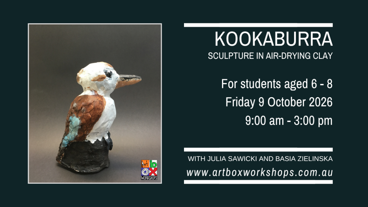 Hand-painted air-drying clay kookaburra sculpture created for a children’s school holiday art workshop.