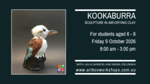 Hand-painted air-drying clay kookaburra sculpture created for a children’s school holiday art workshop.