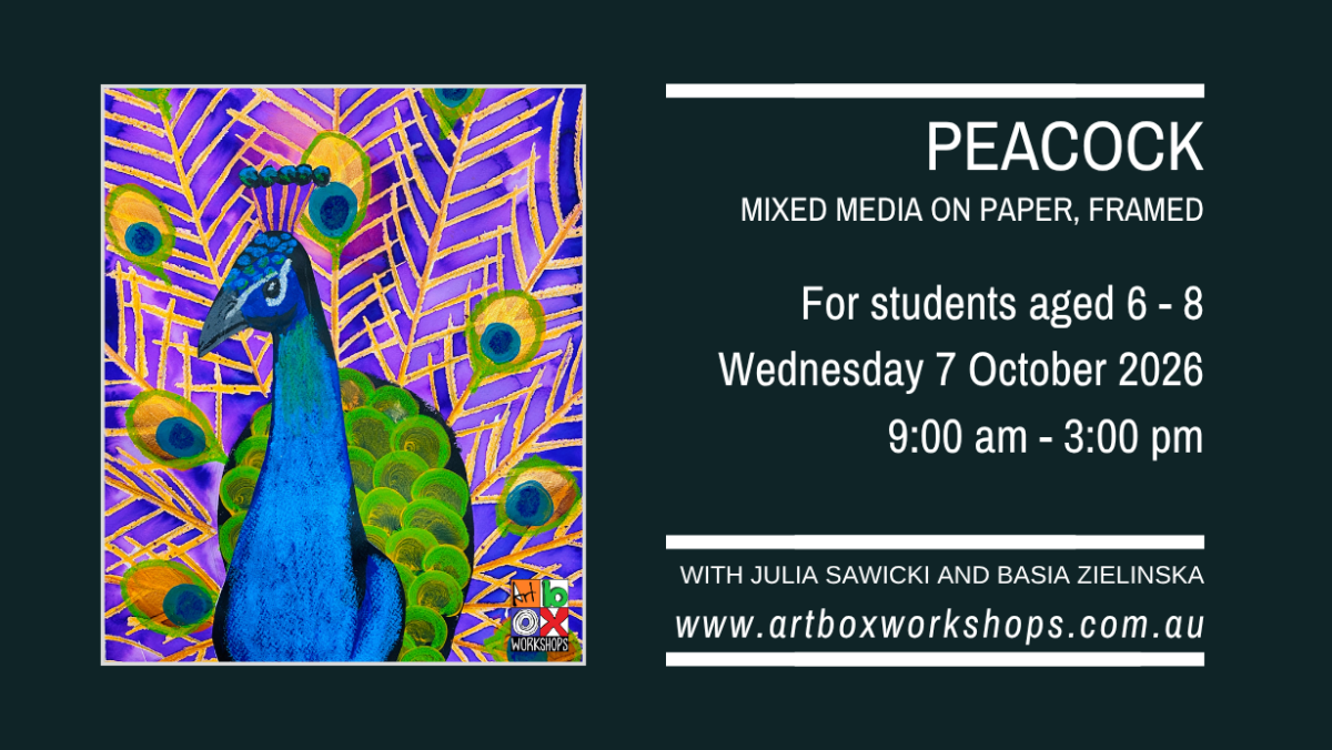 Colourful peacock mixed-media artwork with shimmering iridescent feathers created by a young students at Art Box Workshops
