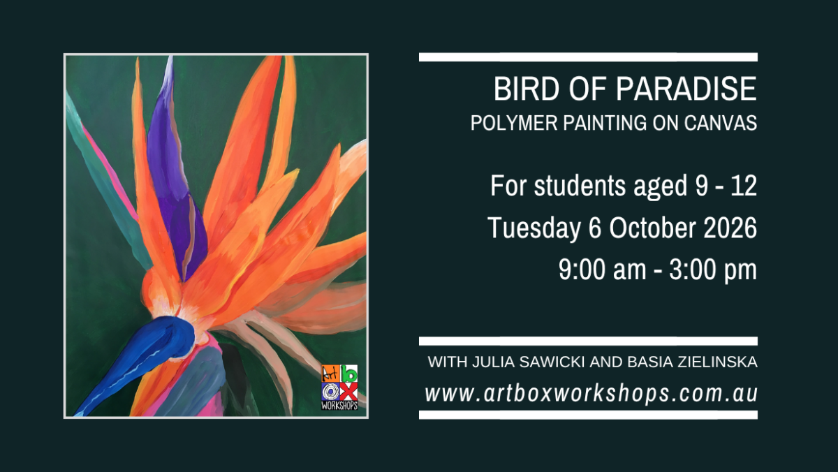 Vibrant bird of paradise flower acrylic painting on canvas for an art workshop for students aged 9–12.