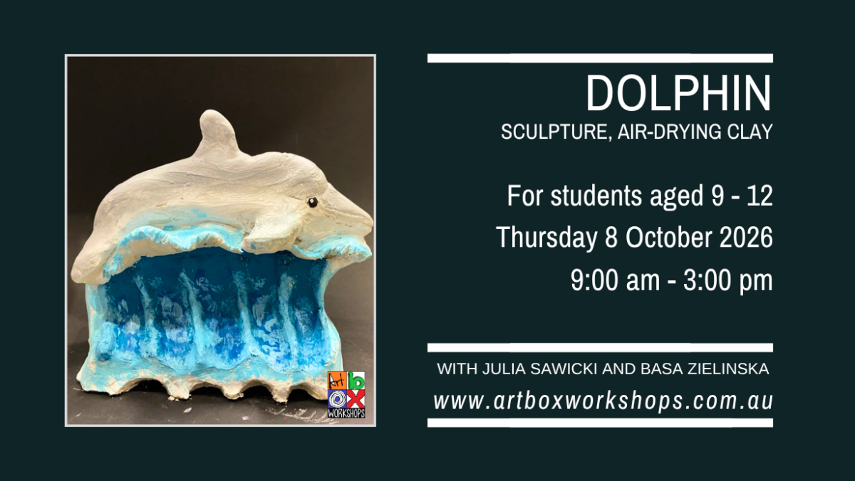 Hand-painted air-drying clay sculpture of a dolphin surfing through an ocean wave, for a kids sculpture workshop