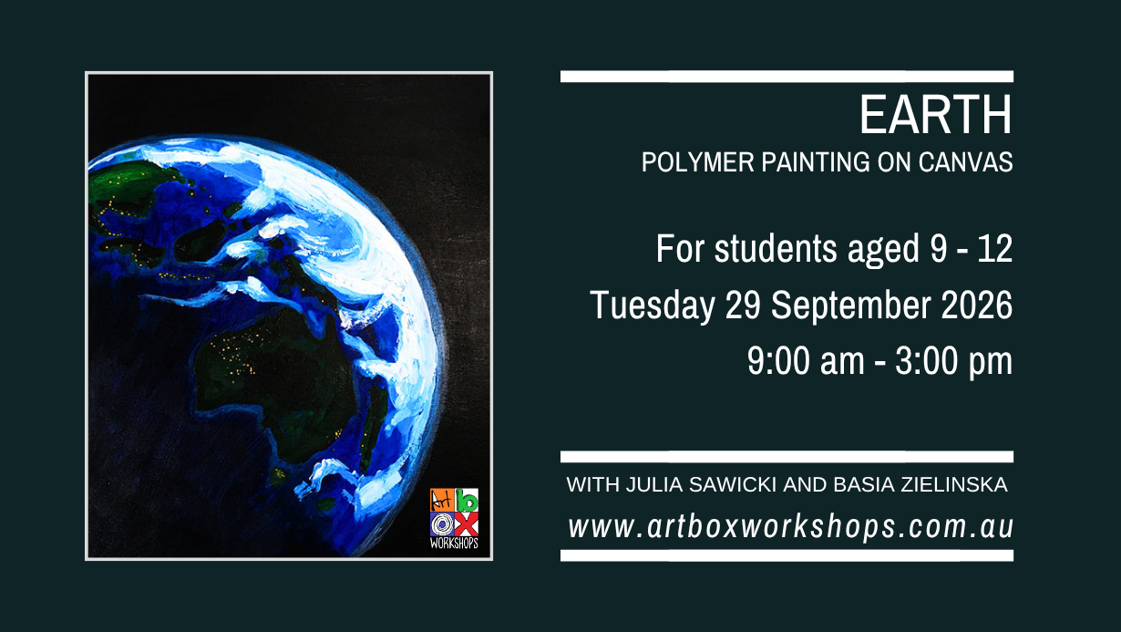 Acrylic painting of planet Earth viewed from space for a children’s school holiday painting workshop.