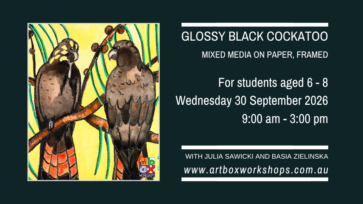Glossy black-cockatoo mixed-media artwork created with crayon and watercolour for a children’s art workshop.