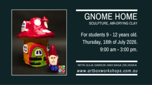 Children sculpting magical mushroom gnome homes using air-dry clay at Art Box Workshops Sydney.