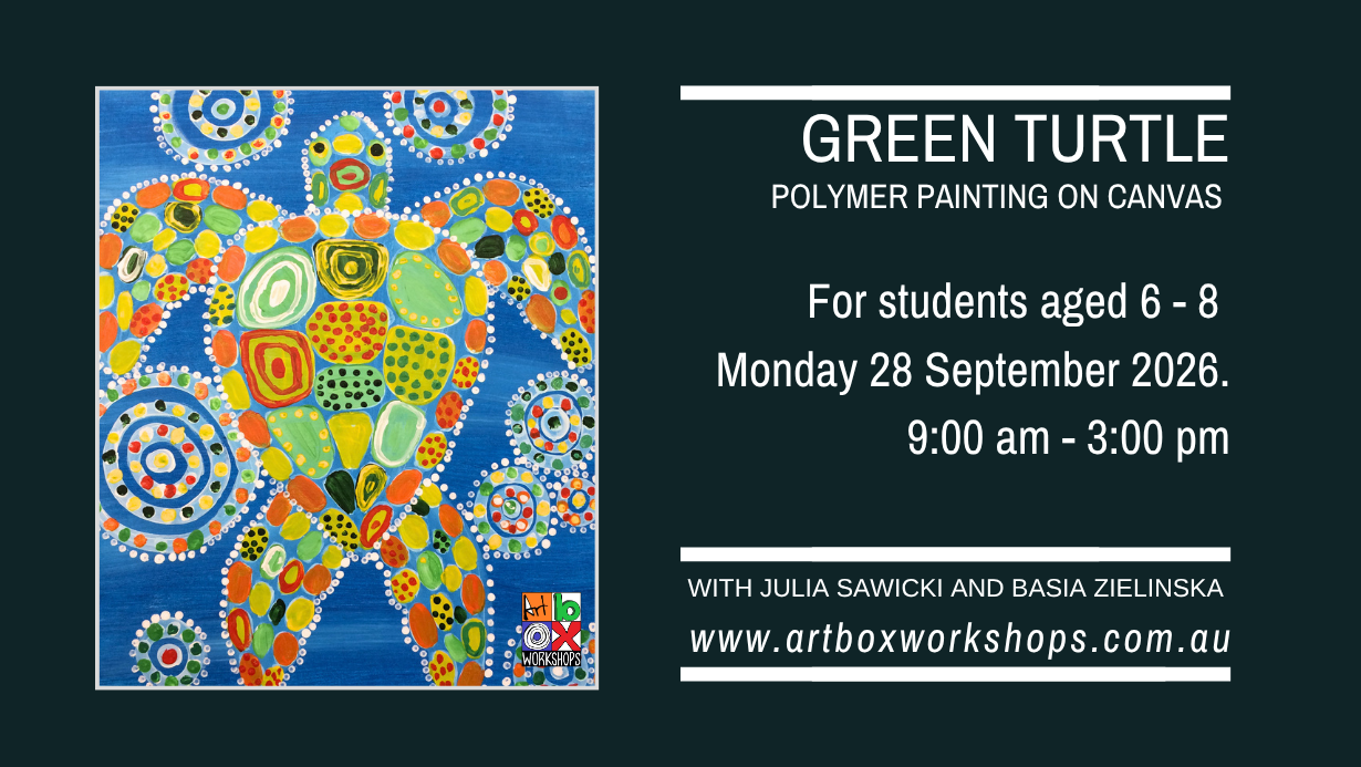 Colourful green sea turtle acrylic painting on canvas created for an Art Box Workshops school holiday art class.