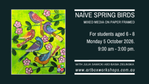 Colourful naïve-style spring birds with decorative patterns in a framed mixed-media children’s artwork.