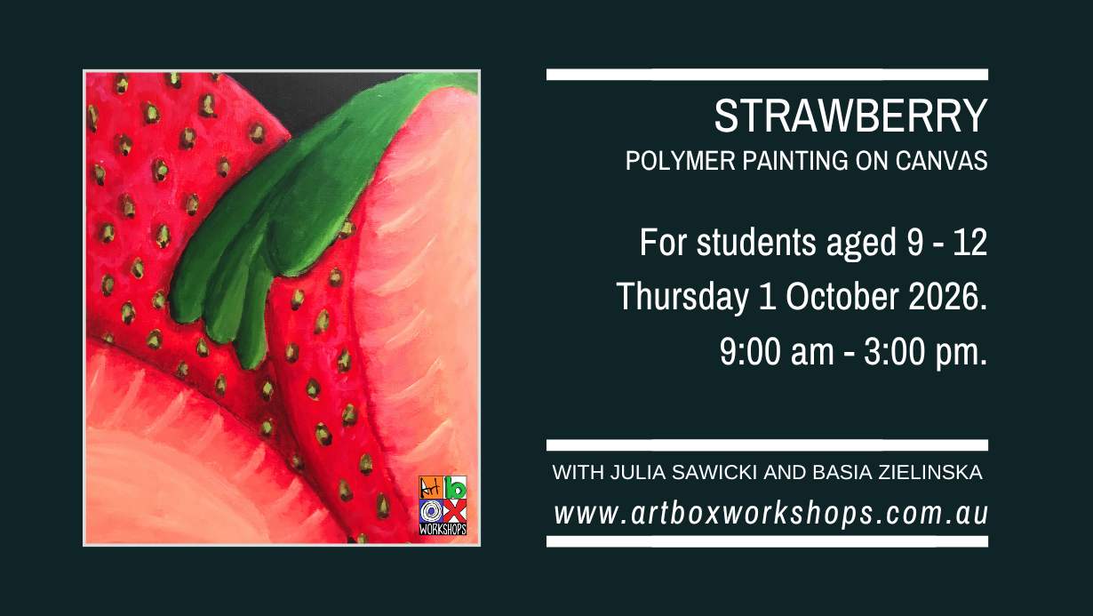Painting of bright strawberry's with fruit extending beyond the edge of the canvas for a holiday workshop for kids