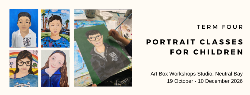 Primary-aged student developing a detailed portrait painting during an Art Box Workshops class